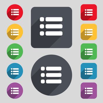 List menu, Content view options icon sign. A set of 12 colored buttons and a long shadow. Flat design. illustration