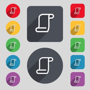 paper scroll icon sign. A set of 12 colored buttons and a long shadow. Flat design. illustration