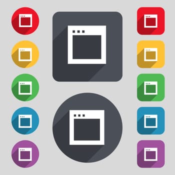 Simple Browser window icon sign. A set of 12 colored buttons and a long shadow. Flat design. illustration