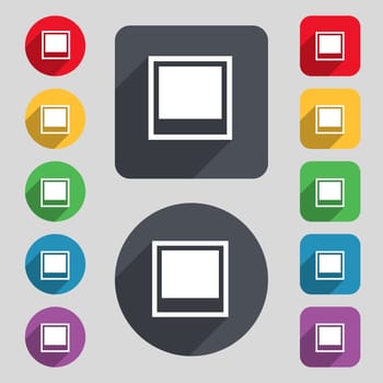 Photo frame template icon sign. A set of 12 colored buttons and a long shadow. Flat design. illustration