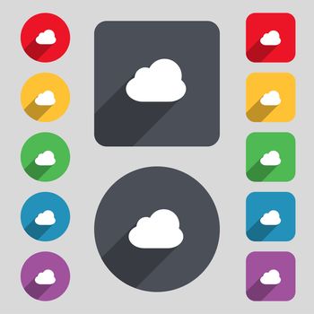 Cloud icon sign. A set of 12 colored buttons and a long shadow. Flat design. illustration
