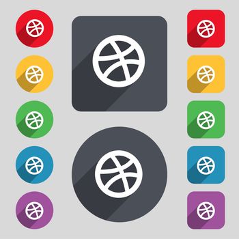 Basketball icon sign. A set of 12 colored buttons and a long shadow. Flat design. illustration