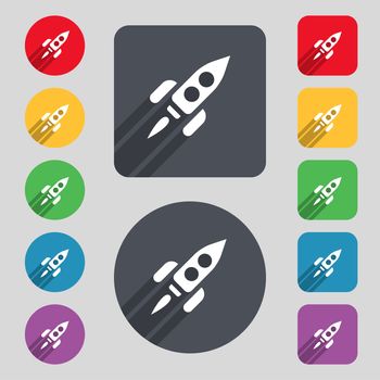 Rocket icon sign. A set of 12 colored buttons and a long shadow. Flat design. illustration