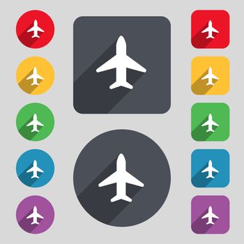 Airplane, Plane, Travel, Flight icon sign. A set of 12 colored buttons and a long shadow. Flat design. illustration