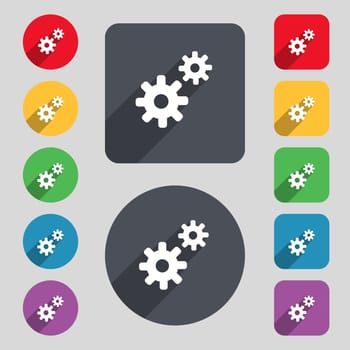 Cog settings, Cogwheel gear mechanism icon sign. A set of 12 colored buttons and a long shadow. Flat design. illustration