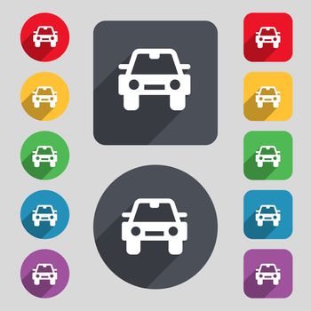 Auto icon sign. A set of 12 colored buttons and a long shadow. Flat design. illustration