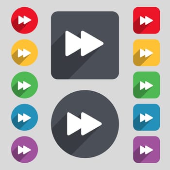 rewind icon sign. A set of 12 colored buttons and a long shadow. Flat design. illustration