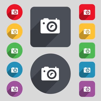Digital photo camera icon sign. A set of 12 colored buttons and a long shadow. Flat design. illustration