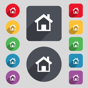 Home, Main page icon sign. A set of 12 colored buttons and a long shadow. Flat design. illustration