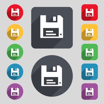 floppy icon sign. A set of 12 colored buttons and a long shadow. Flat design. illustration