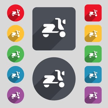 Scooter, bike icon sign. A set of 12 colored buttons and a long shadow. Flat design. illustration