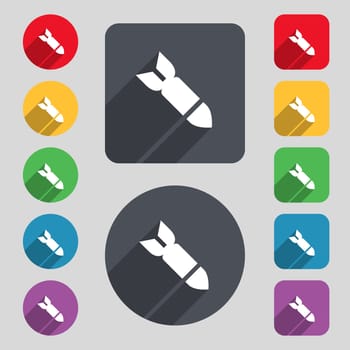 Missile,Rocket weapon icon sign. A set of 12 colored buttons and a long shadow. Flat design. illustration