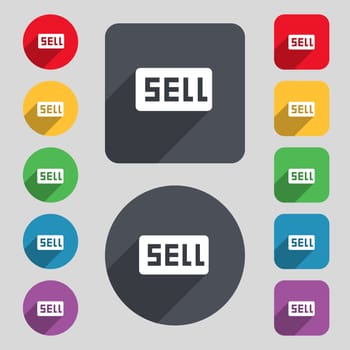 Sell, Contributor earnings icon sign. A set of 12 colored buttons and a long shadow. Flat design. illustration