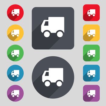 Delivery truck icon sign. A set of 12 colored buttons and a long shadow. Flat design. illustration