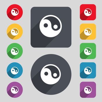 Ying yang icon sign. A set of 12 colored buttons and a long shadow. Flat design. illustration