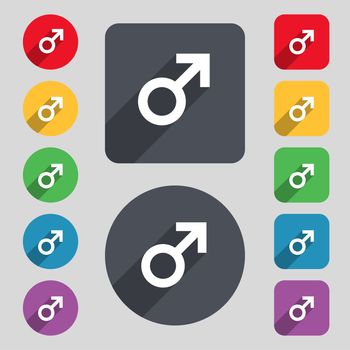 Male sex icon sign. A set of 12 colored buttons and a long shadow. Flat design. illustration