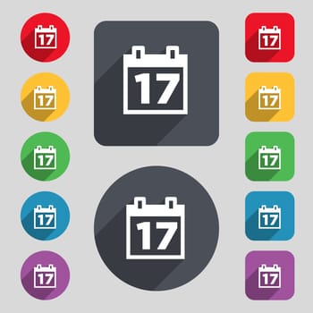 Calendar, Date or event reminder icon sign. A set of 12 colored buttons and a long shadow. Flat design. illustration