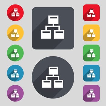 Local Network icon sign. A set of 12 colored buttons and a long shadow. Flat design. illustration