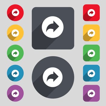 Arrow right, Next icon sign. A set of 12 colored buttons and a long shadow. Flat design. illustration