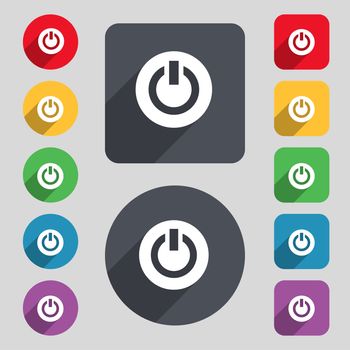 Power, Switch on, Turn on icon sign. A set of 12 colored buttons and a long shadow. Flat design. illustration