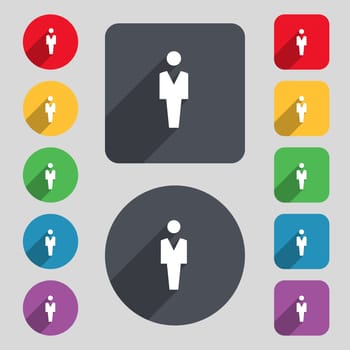 Human, Man Person, Male toilet icon sign. A set of 12 colored buttons and a long shadow. Flat design. illustration
