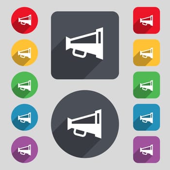 Megaphone soon, Loudspeaker icon sign. A set of 12 colored buttons and a long shadow. Flat design. illustration