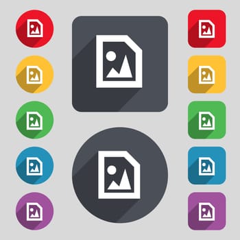 File JPG icon sign. A set of 12 colored buttons and a long shadow. Flat design. illustration