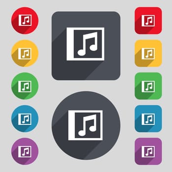 Audio, MP3 file icon sign. A set of 12 colored buttons and a long shadow. Flat design. illustration