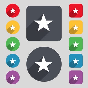 Star, Favorite Star, Favorite icon sign. A set of 12 colored buttons and a long shadow. Flat design. illustration