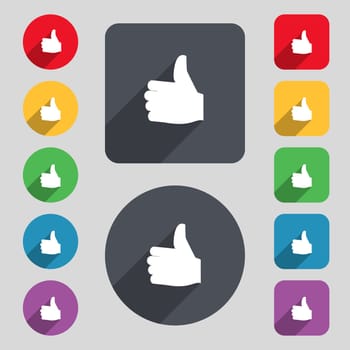 Like, Thumb up icon sign. A set of 12 colored buttons and a long shadow. Flat design. illustration