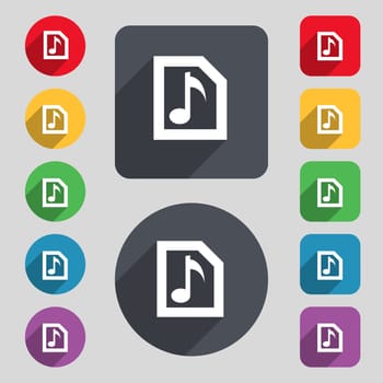Audio, MP3 file icon sign. A set of 12 colored buttons and a long shadow. Flat design. illustration
