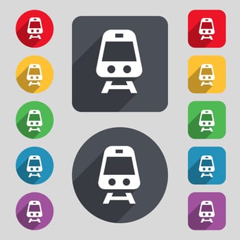 Train icon sign. A set of 12 colored buttons and a long shadow. Flat design. illustration