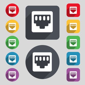 cable rj45, Patch Cord icon sign. A set of 12 colored buttons and a long shadow. Flat design. illustration