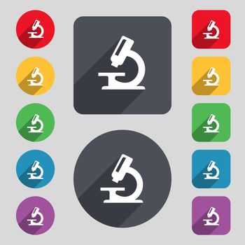 microscope icon sign. A set of 12 colored buttons and a long shadow. Flat design. illustration