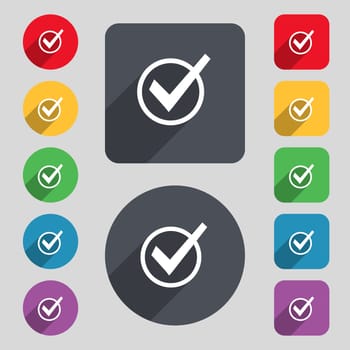 Check mark, tik icon sign. A set of 12 colored buttons and a long shadow. Flat design. illustration