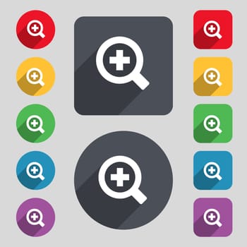 Magnifier glass, Zoom tool icon sign. A set of 12 colored buttons and a long shadow. Flat design. illustration