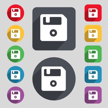 floppy icon sign. A set of 12 colored buttons and a long shadow. Flat design. illustration