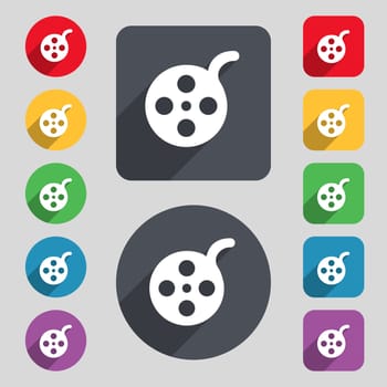 Film icon sign. A set of 12 colored buttons and a long shadow. Flat design. illustration