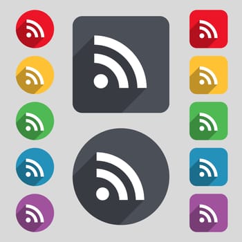 RSS feed icon sign. A set of 12 colored buttons and a long shadow. Flat design. illustration