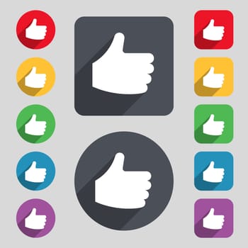 Like, Thumb up icon sign. A set of 12 colored buttons and a long shadow. Flat design. illustration