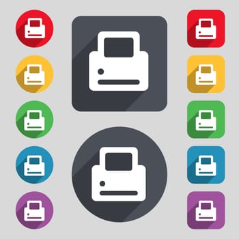 Printing icon sign. A set of 12 colored buttons and a long shadow. Flat design. illustration