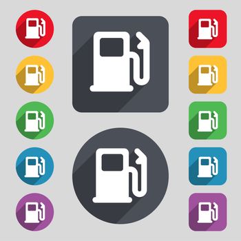 Petrol or Gas station, Car fuel icon sign. A set of 12 colored buttons and a long shadow. Flat design. illustration