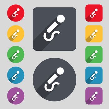 microphone icon sign. A set of 12 colored buttons and a long shadow. Flat design. illustration