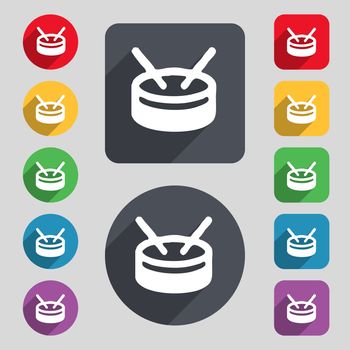 drum icon sign. A set of 12 colored buttons and a long shadow. Flat design. illustration