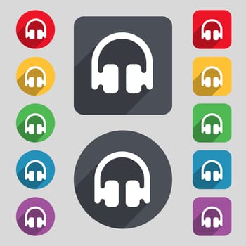 Headphones, Earphones icon sign. A set of 12 colored buttons and a long shadow. Flat design. illustration