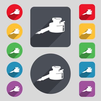 pen and ink icon sign. A set of 12 colored buttons and a long shadow. Flat design. illustration