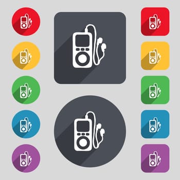 MP3 player, headphones, music icon sign. A set of 12 colored buttons and a long shadow. Flat design. illustration