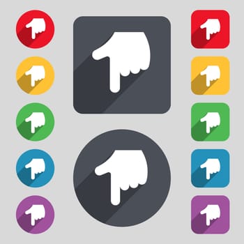pointing hand icon sign. A set of 12 colored buttons and a long shadow. Flat design. illustration