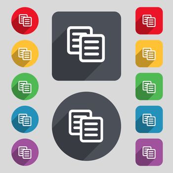 copy icon sign. A set of 12 colored buttons and a long shadow. Flat design. illustration