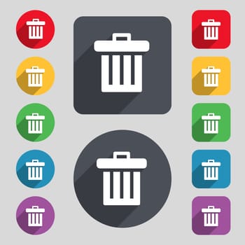 Recycle bin icon sign. A set of 12 colored buttons and a long shadow. Flat design. illustration